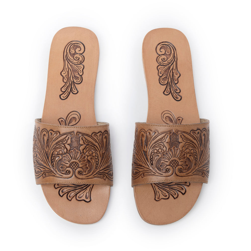 Cactus Lace Handtooled Leather Sandals in Charred Brown