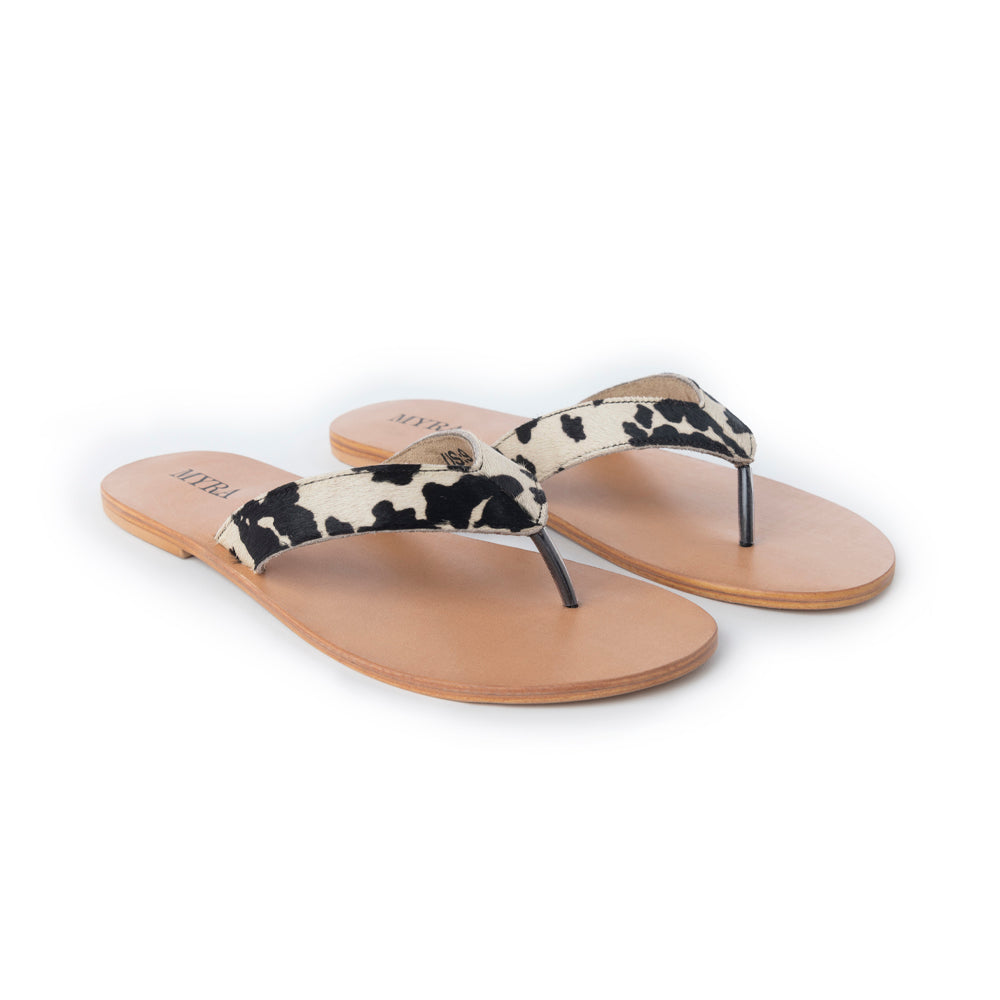 Echo Valley Hairon Leather Sandals in Spotted Ivory