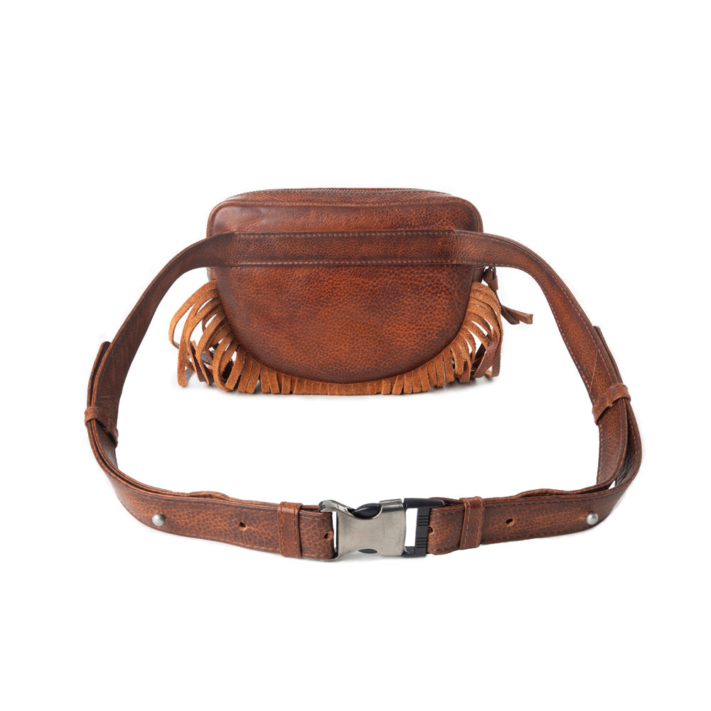 Myra Zidana Stormy Trails Fringed Veg Tanned Leather Bag in Vintage Ember