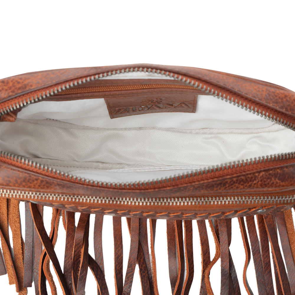 Myra Zidana Stormy Trails Fringed Veg Tanned Leather Bag in Vintage Ember