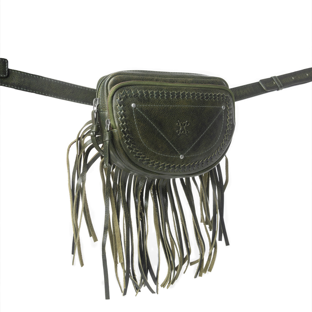 Myra Zidana Stormy Trails Fringed Veg Tanned Leather Bag in Dusty Pine
