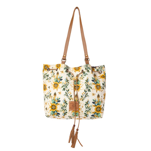 Southern Bloom Cotton & Leather Bucket Bag in Chestnut Beige