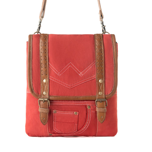 Dustrider upcycled canvas vintage style Concealed-Carry bag for Women in red with leather detail