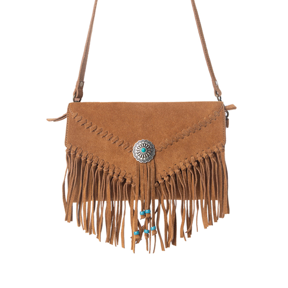 Myra Texas Mist Fringed Leather Bag in Rustwood with Concho Accent