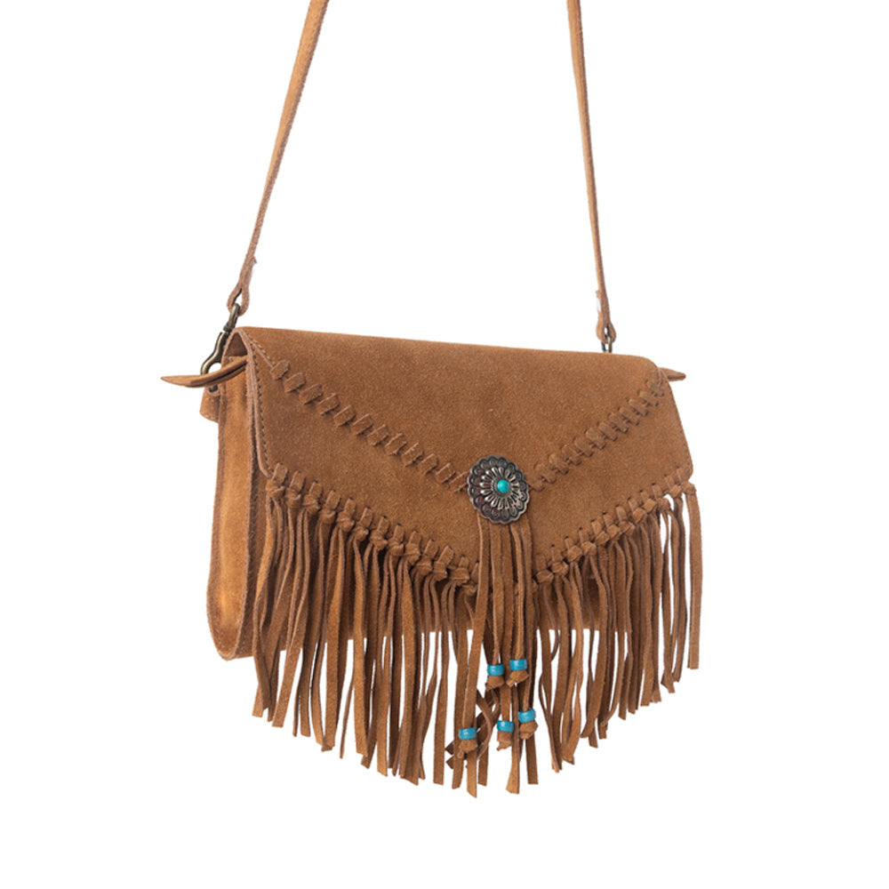 Myra Texas Mist Fringed Leather Bag in Rustwood with Concho Accent