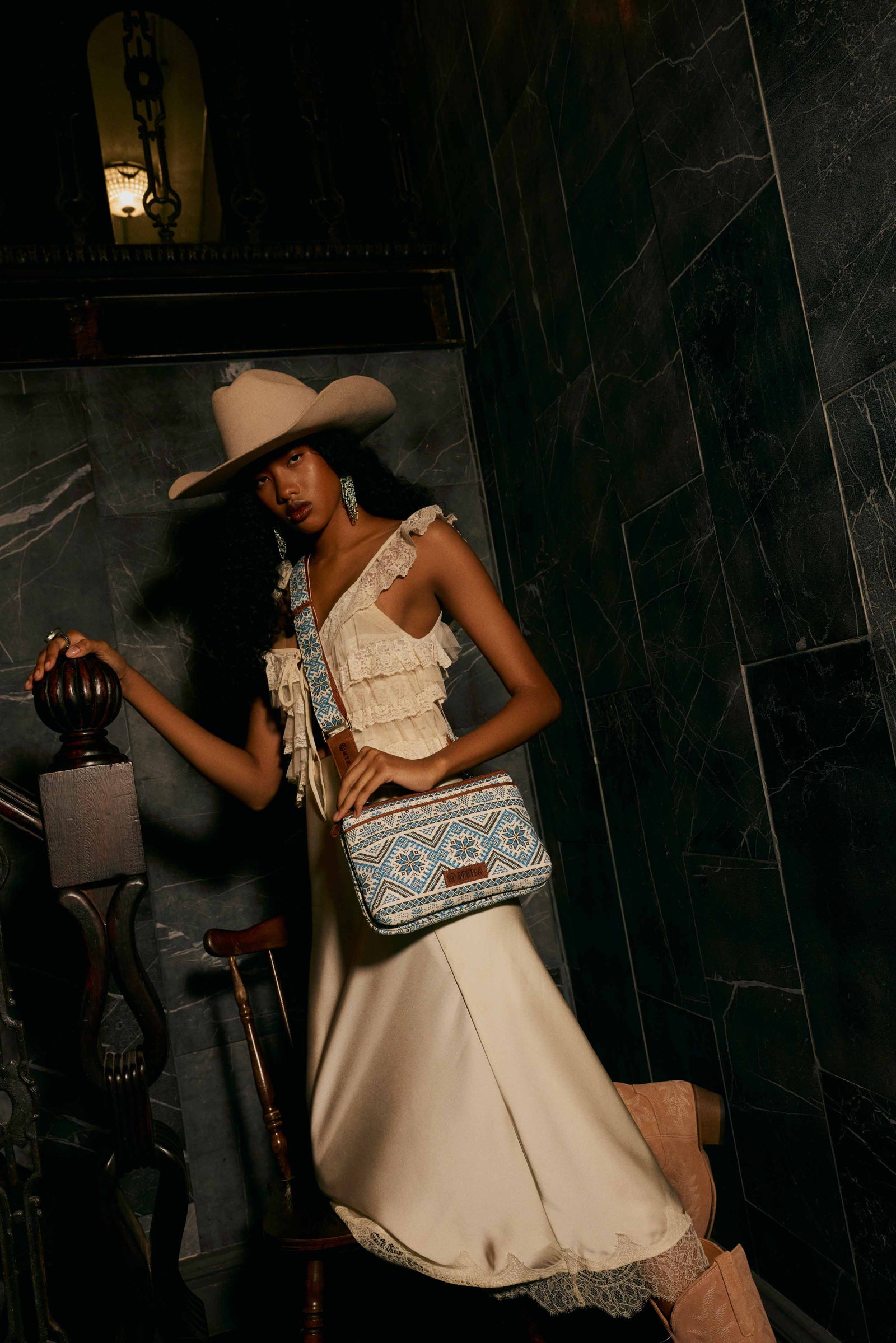Tribal Hollow Cotton & Leather Crossbody Bag in Indigo Frost