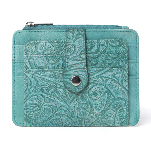 Driftwood Cove Embossed Leather Credit Card Holder in Ocean Sage