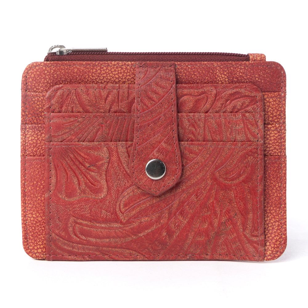 Driftwood Cove Embossed Leather Credit Card Holder in Coral Red