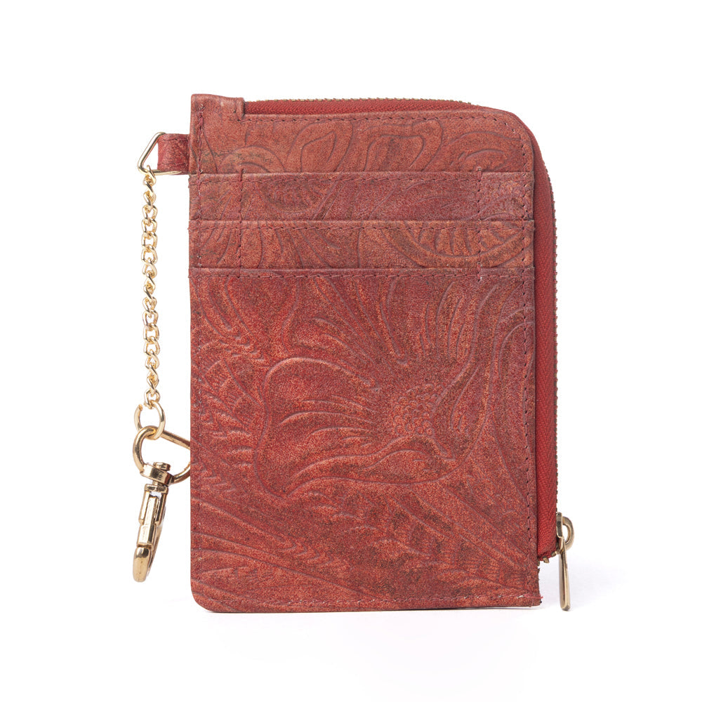 Summer Grove Embossed Leather Credit Card Holder in Burnt Crimson