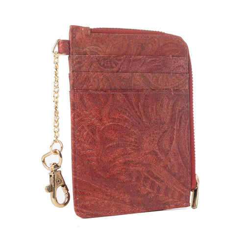 Summer Grove Embossed Leather Credit Card Holder in Burnt Crimson