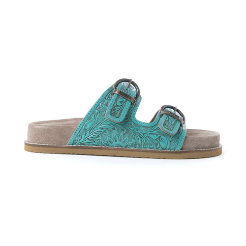 Bluebell Ranch Handtooled Leather Sandals in Alpine Teal