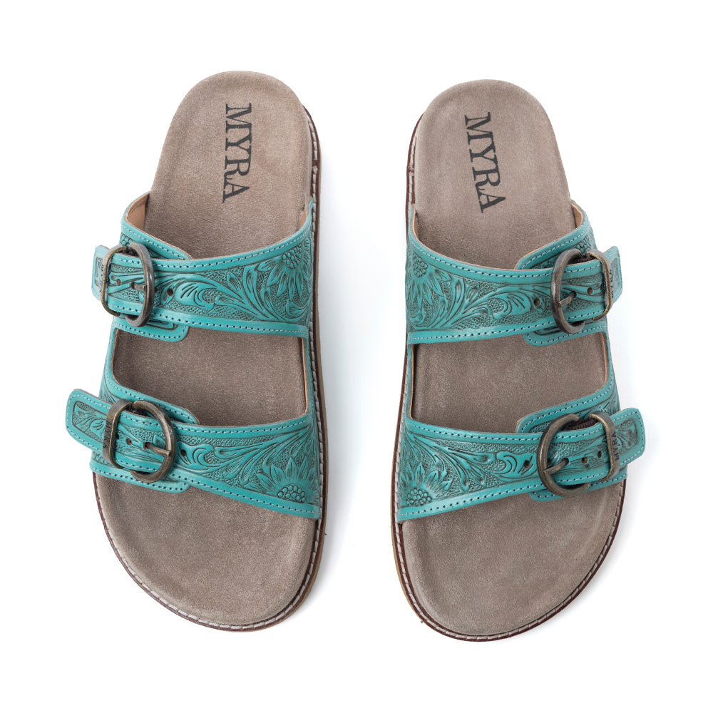 Bluebell Ranch Handtooled Leather Sandals in Alpine Teal