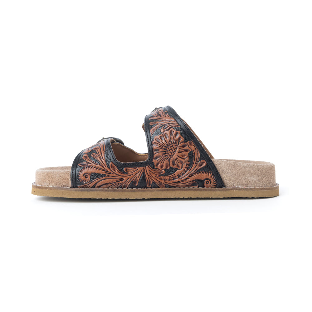 Canyon Ember Handtooled Leather Sandals in Bronzed Brown