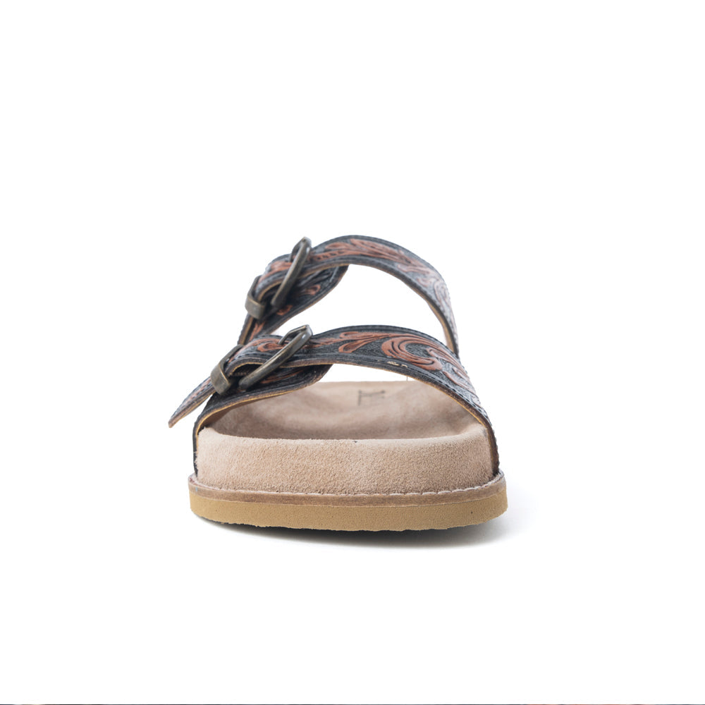 Canyon Ember Handtooled Leather Sandals in Bronzed Brown