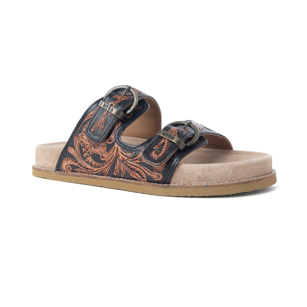 Canyon Ember Handtooled Leather Sandals in Bronzed Brown