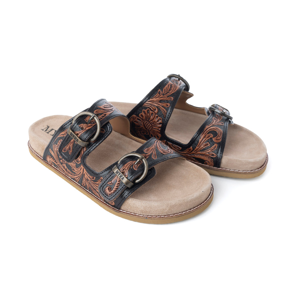 Canyon Ember Handtooled Leather Sandals in Bronzed Brown