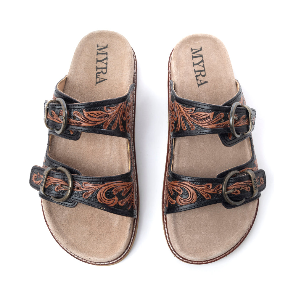 Canyon Ember Handtooled Leather Sandals in Bronzed Brown