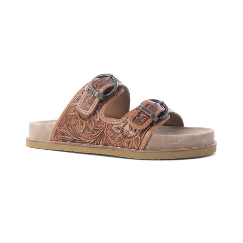 Desert Fern Handtooled Leather Sandals in Autumn Tan