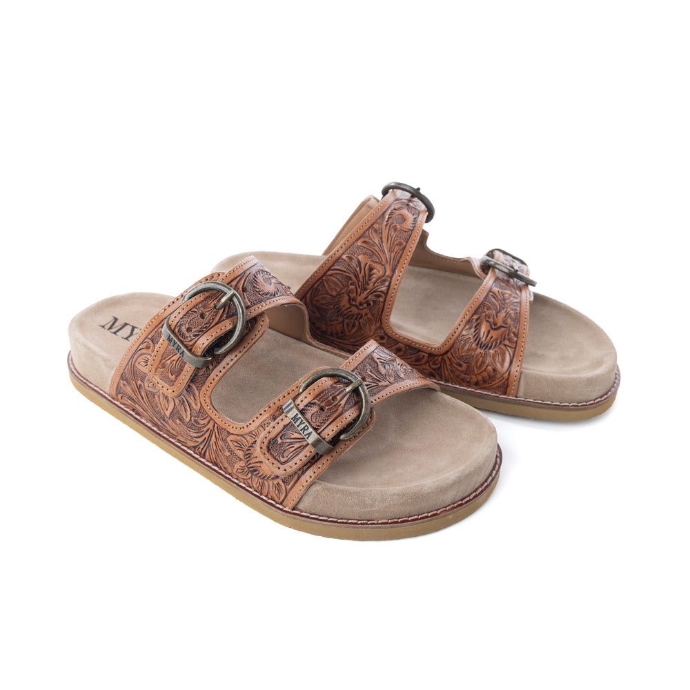 Desert Fern Handtooled Leather Sandals in Autumn Tan