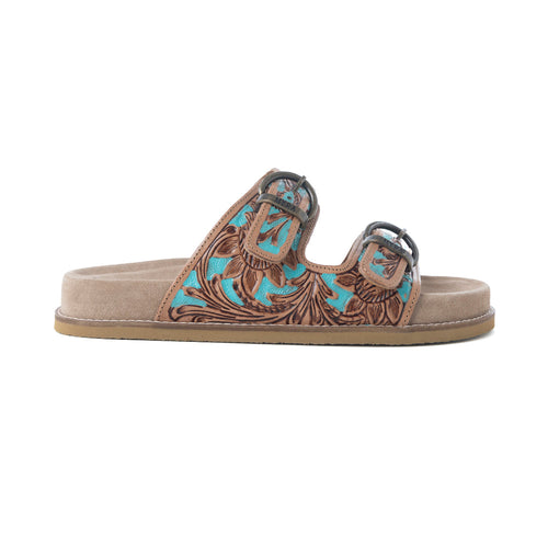 Meadow Sky Handtooled Leather Sandals in Sagewave Blue