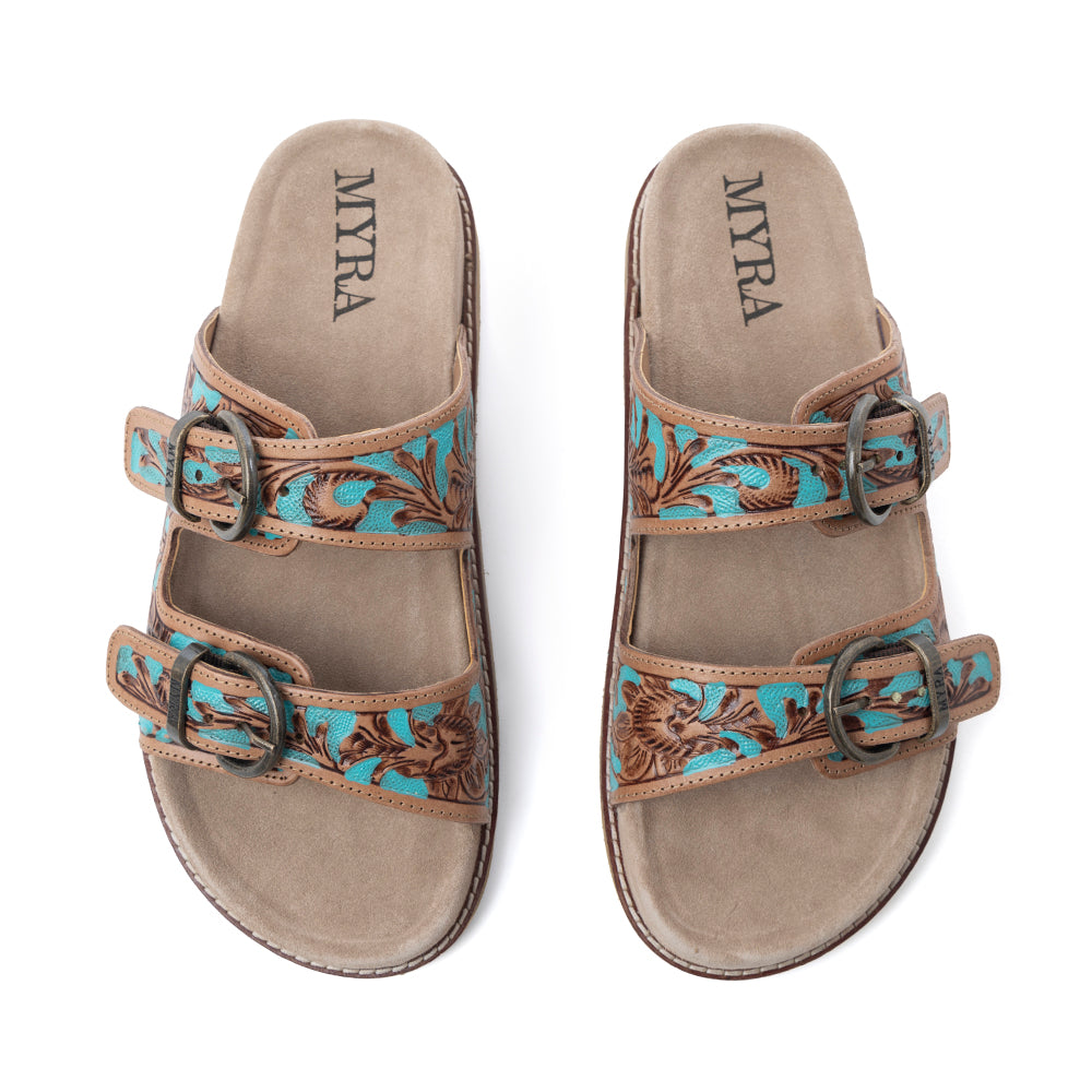 Meadow Sky Handtooled Leather Sandals in Sagewave Blue