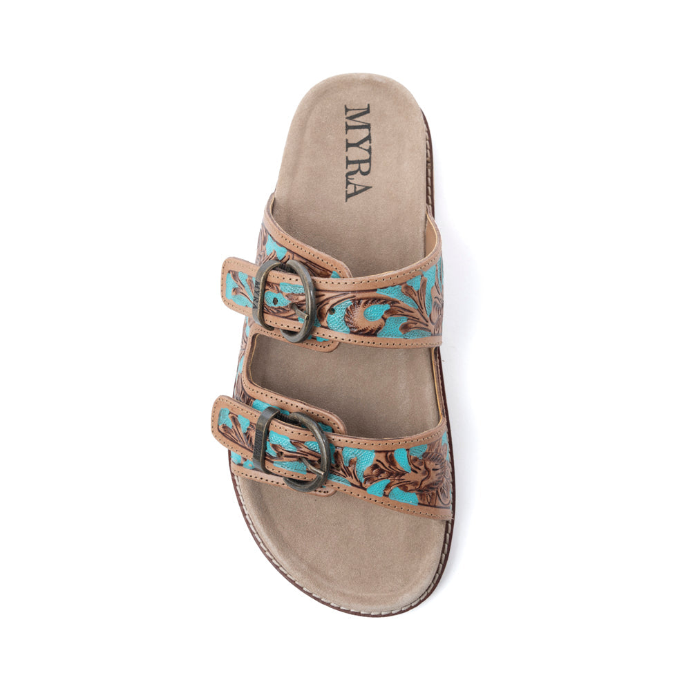 Meadow Sky Handtooled Leather Sandals in Sagewave Blue