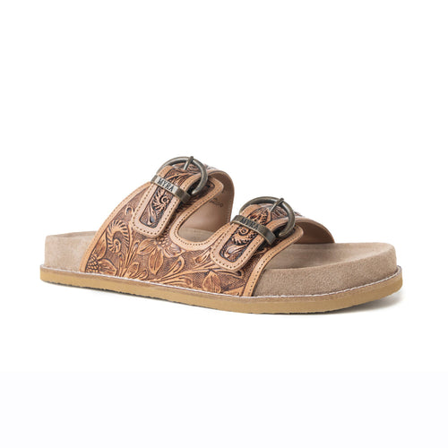 Willow Bloom Handtooled Leather Sandals in Ashen Brown