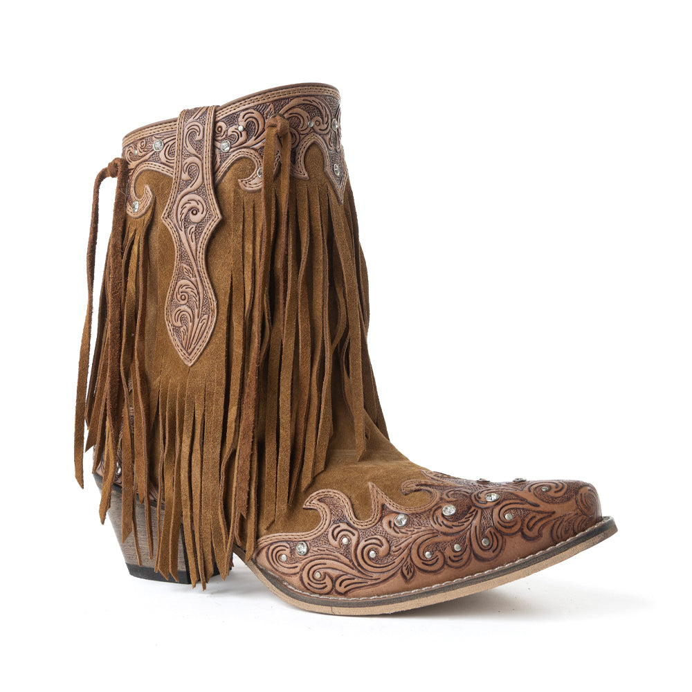 Goldrush Gleam Fringed Handtooled Leather Boots in Dusty Oak