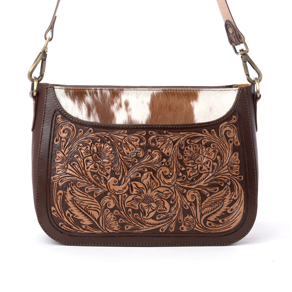 Copper Crest Handtooled Hairon Leather Clutch in Saddle Walnut