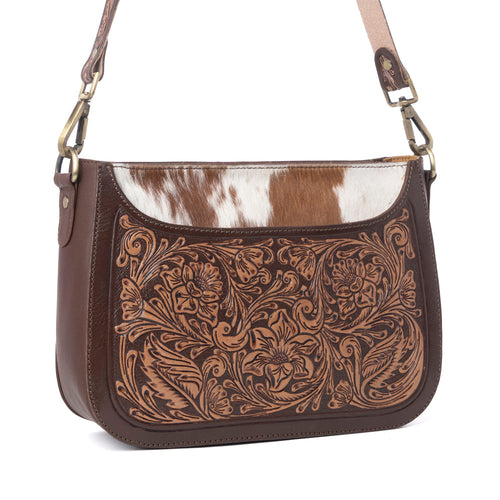 Copper Crest Handtooled Hairon Leather Clutch in Saddle Walnut