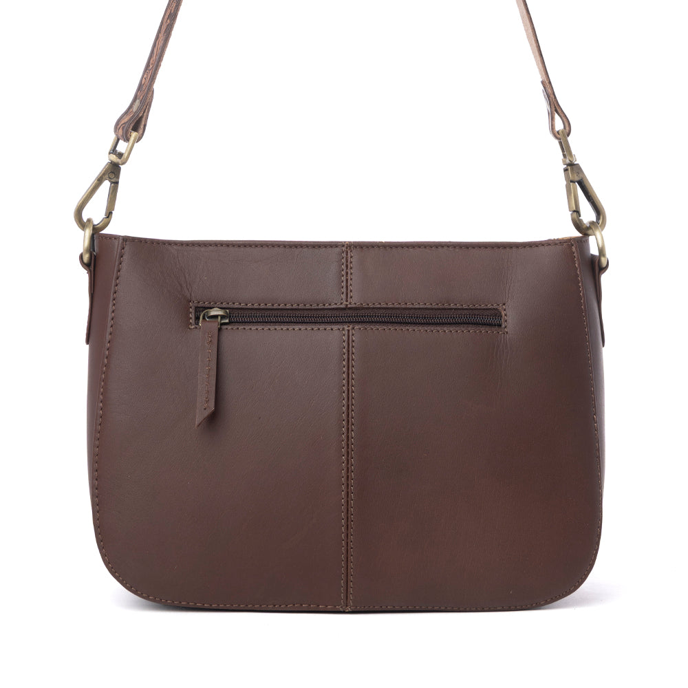 Copper Crest Handtooled Hairon Leather Clutch in Saddle Walnut