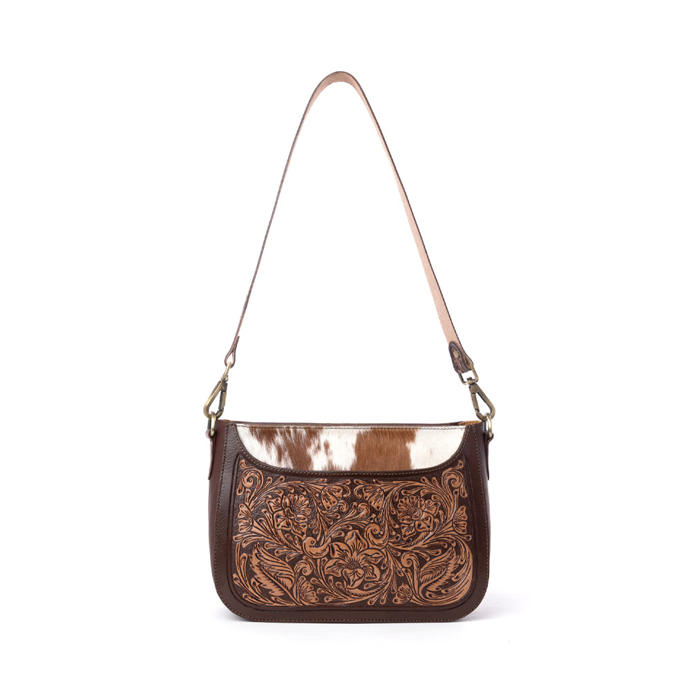 Copper Crest Handtooled Hairon Leather Clutch in Saddle Walnut