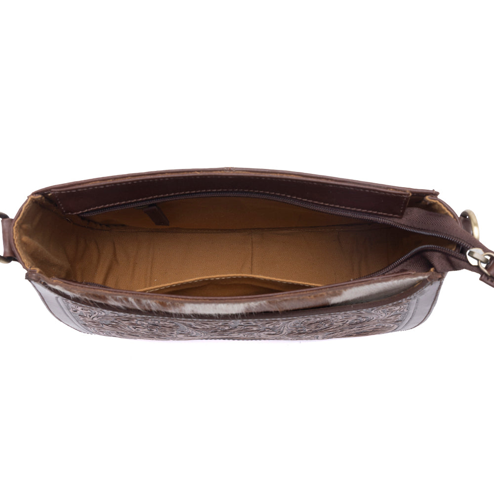 Copper Crest Handtooled Hairon Leather Clutch in Saddle Walnut