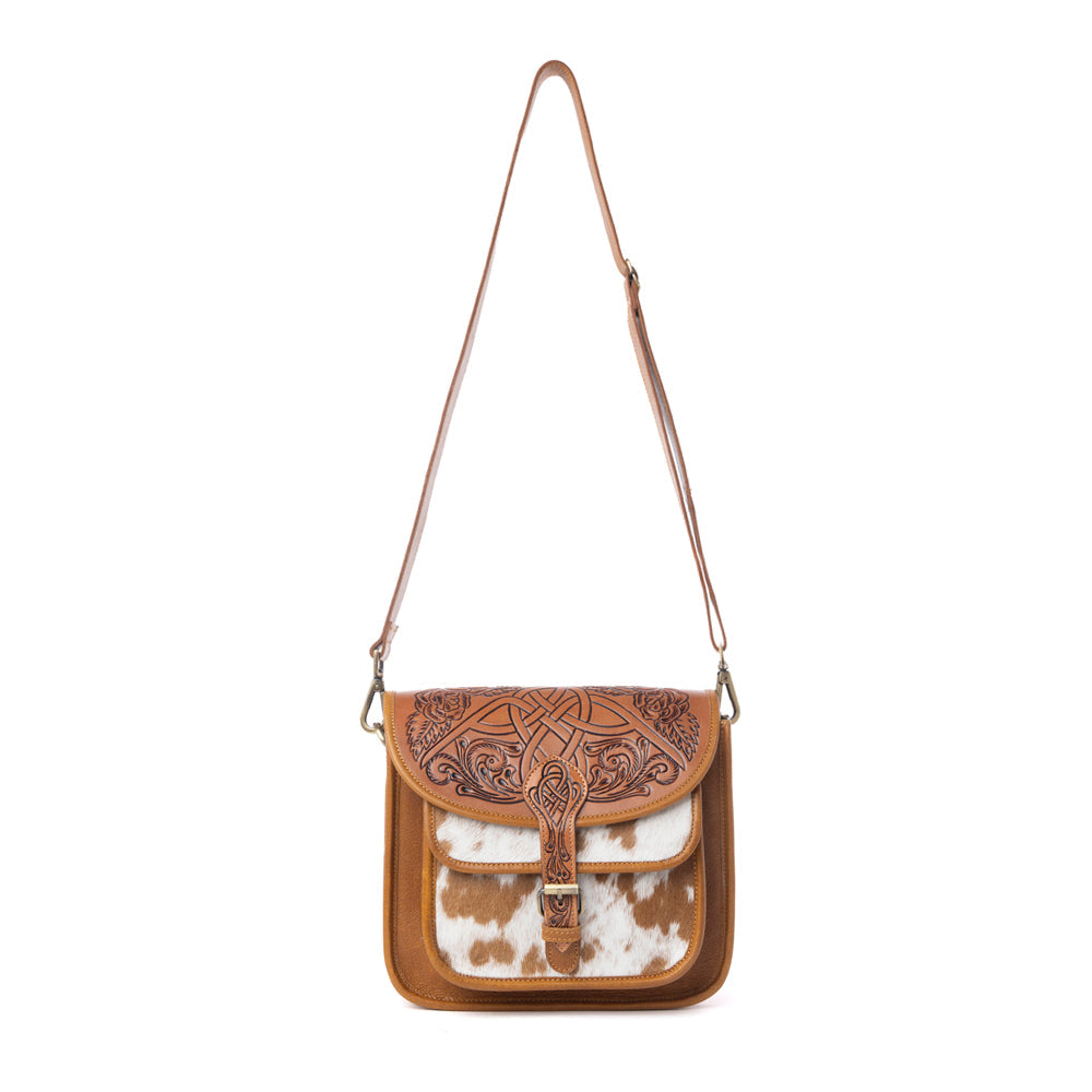 Cedar Range Handtooled Hairon Buckle Leather Bag in Chestnut Ivory