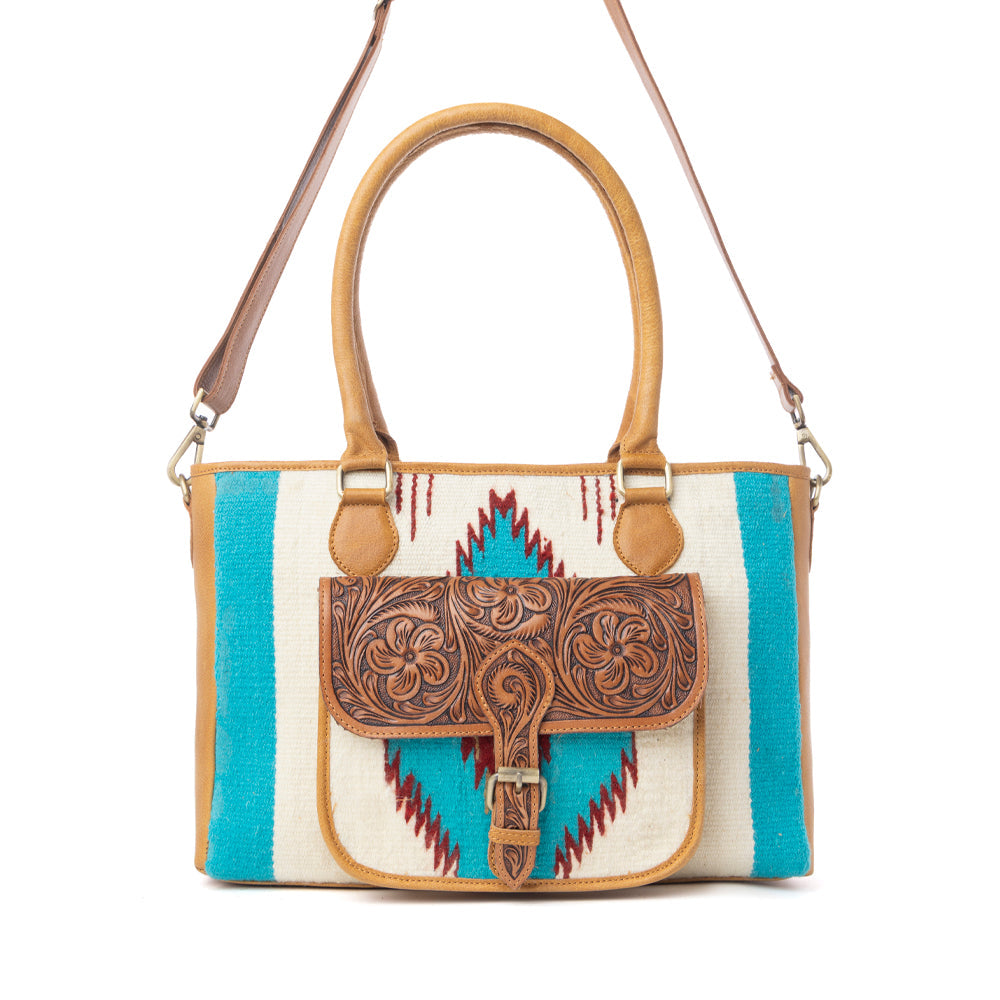 Prairie Aztec Hairon Leather Bag with Front Pocket in Canyon Teal