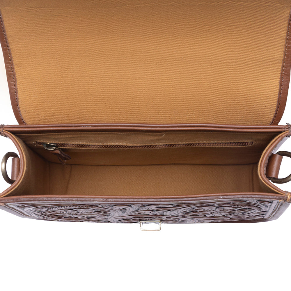 Duchess Hairon Handtooled Flap and Button Leather Satchel in Mocha Cream