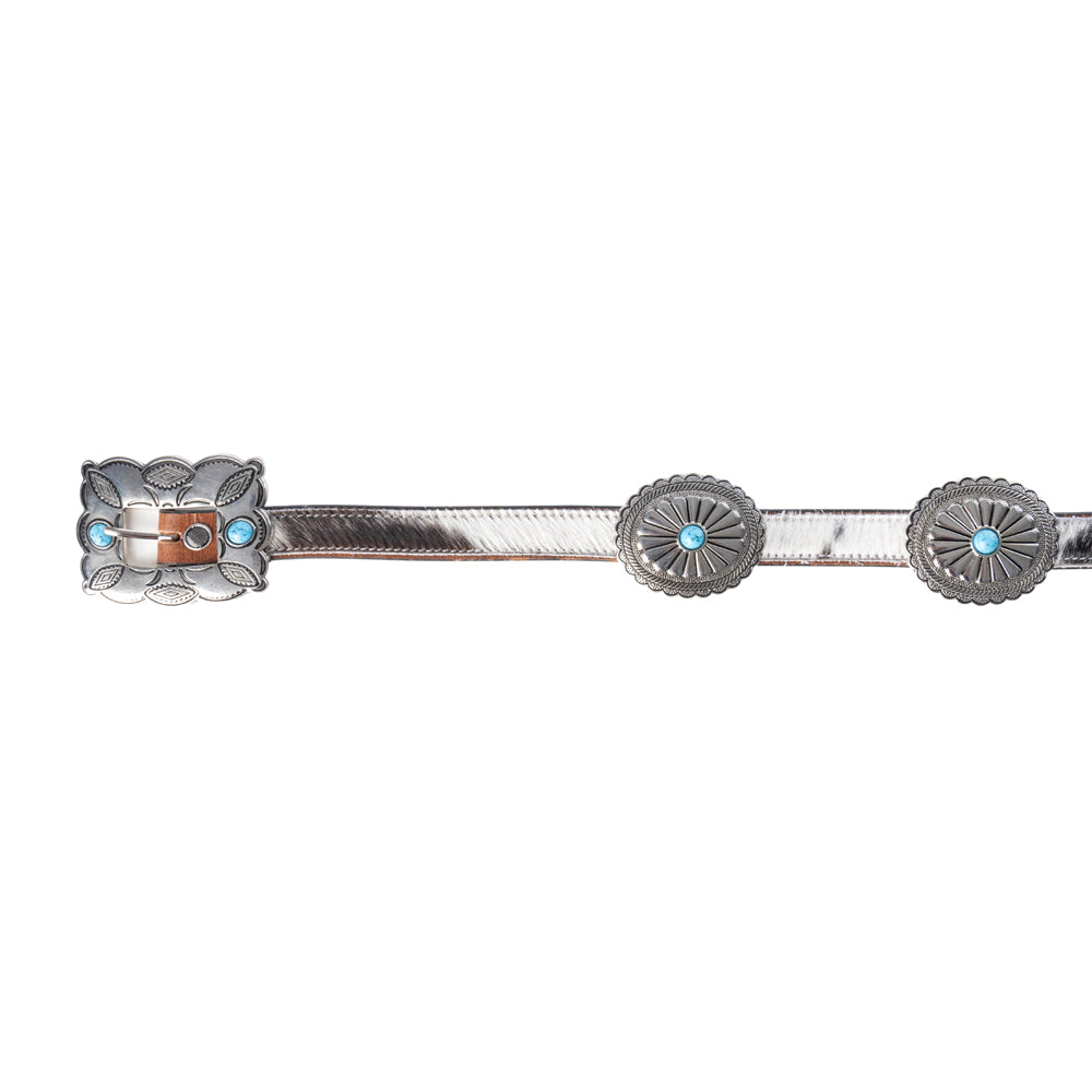 Floracrest Hairon Concho Belt for Women with Handtooling and Turquoise Stone Buckle