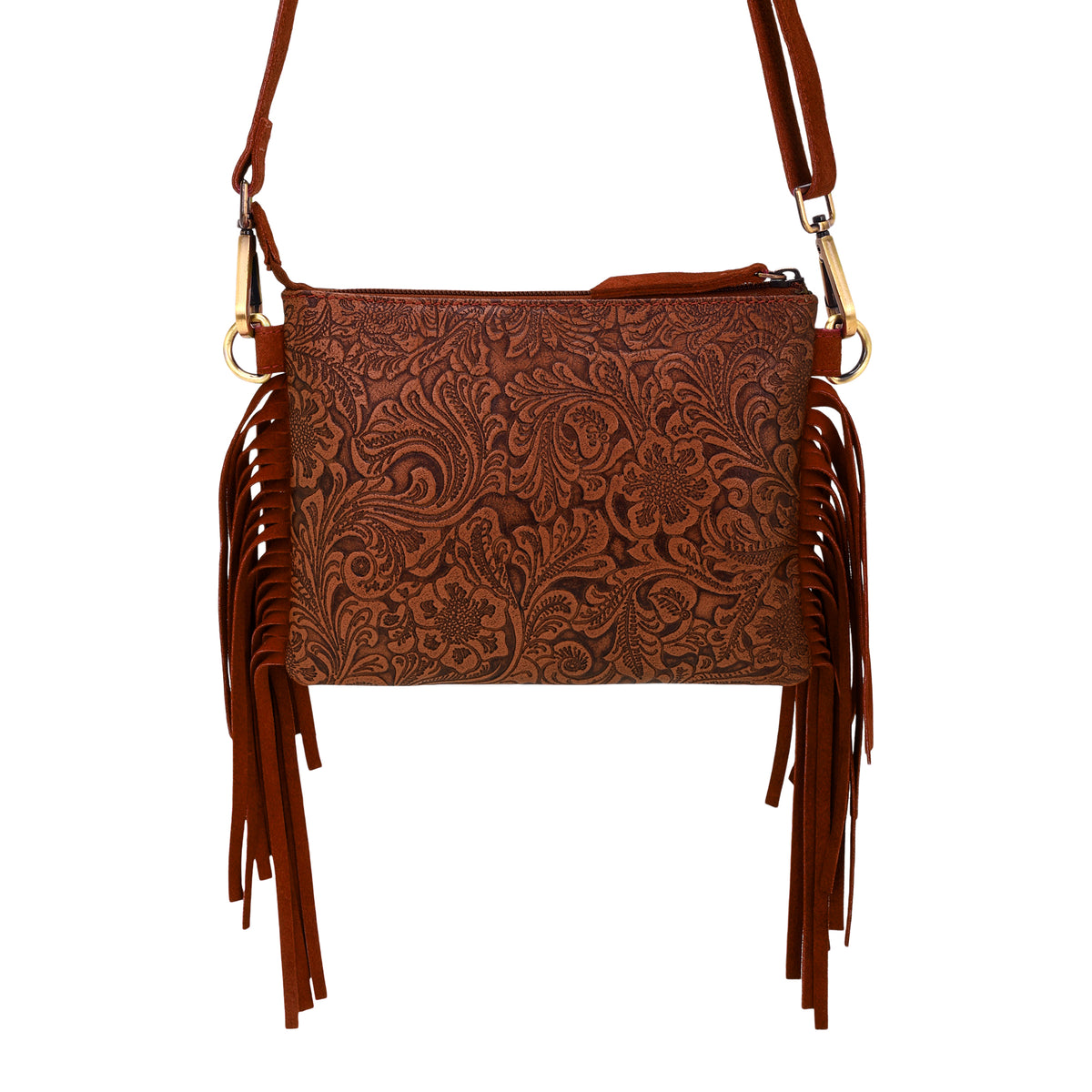 Tasajillo Crossbody Bag for Women in brown with embossed leather and fringe