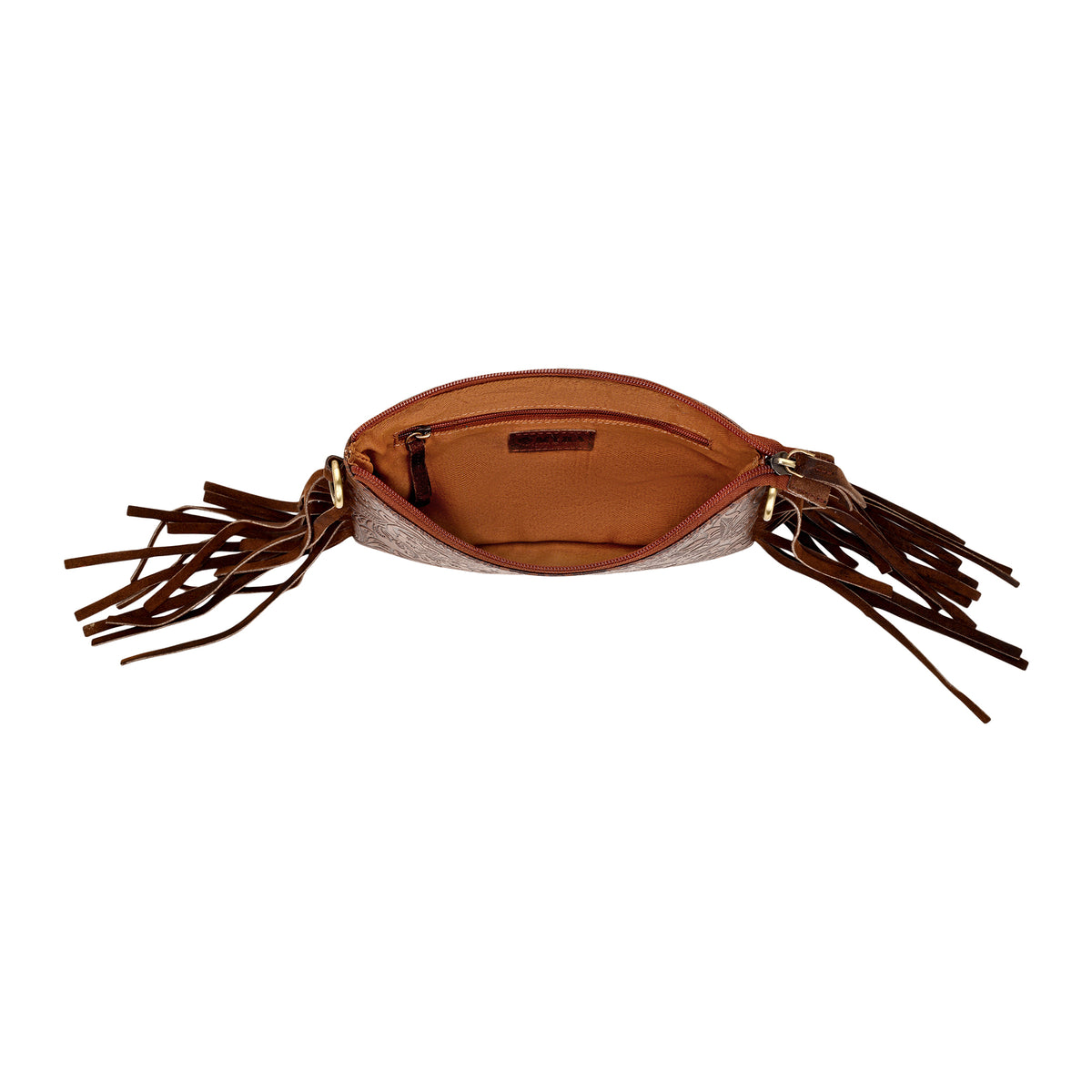 Tasajillo Crossbody Bag for Women in brown with embossed leather and fringe