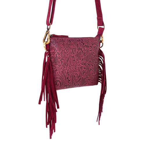 Tasajillo Crossbody Bag for Women in berry with embossed leather and fringe