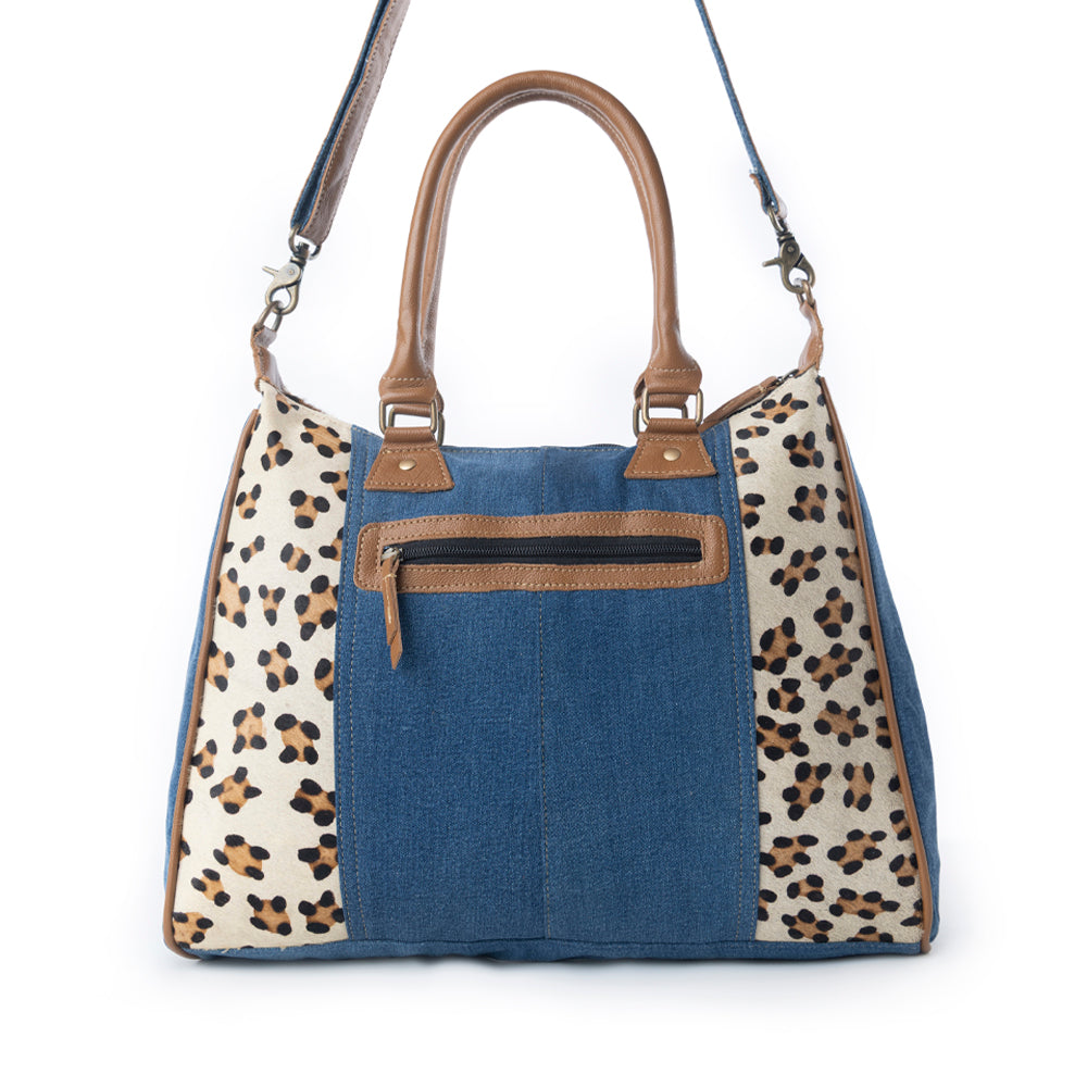 Myra Canyon Crest Tote Bag in Leopard Denim