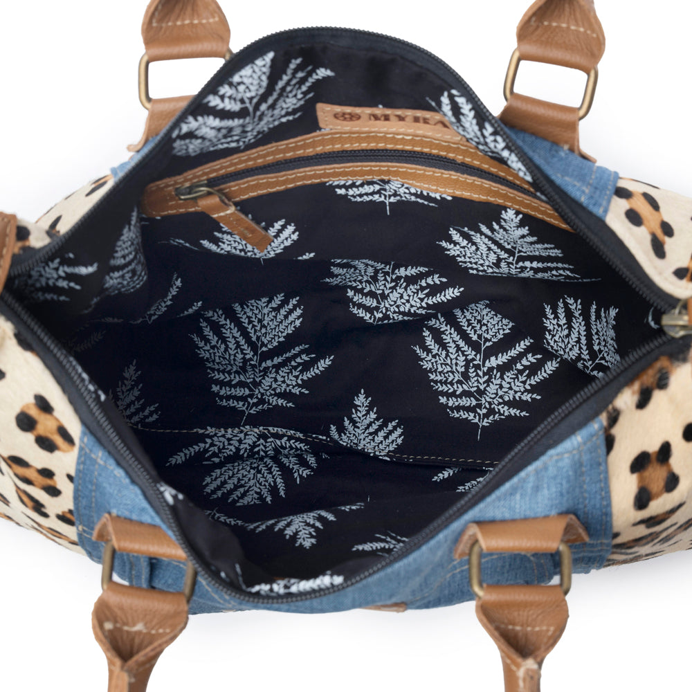 Myra Canyon Crest Tote Bag in Leopard Denim
