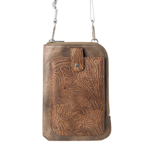 Coyote Bloom Embossed mini sling for Women in walnut with floral detail