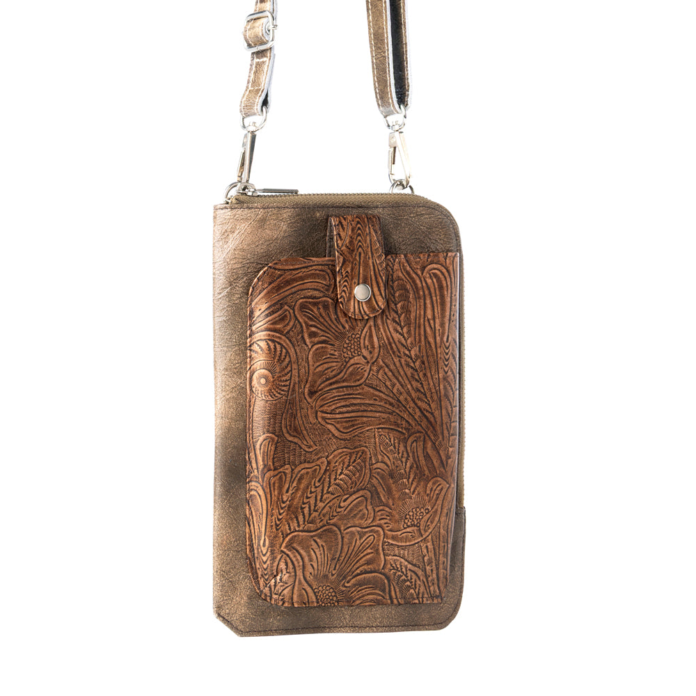 Coyote Bloom Embossed mini sling for Women in walnut with floral detail