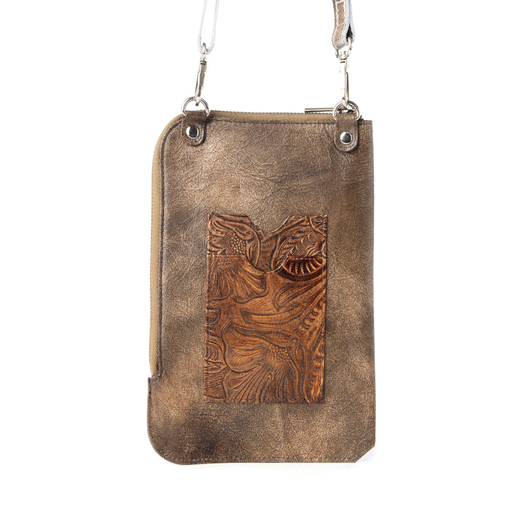 Coyote Bloom Embossed mini sling for Women in walnut with floral detail