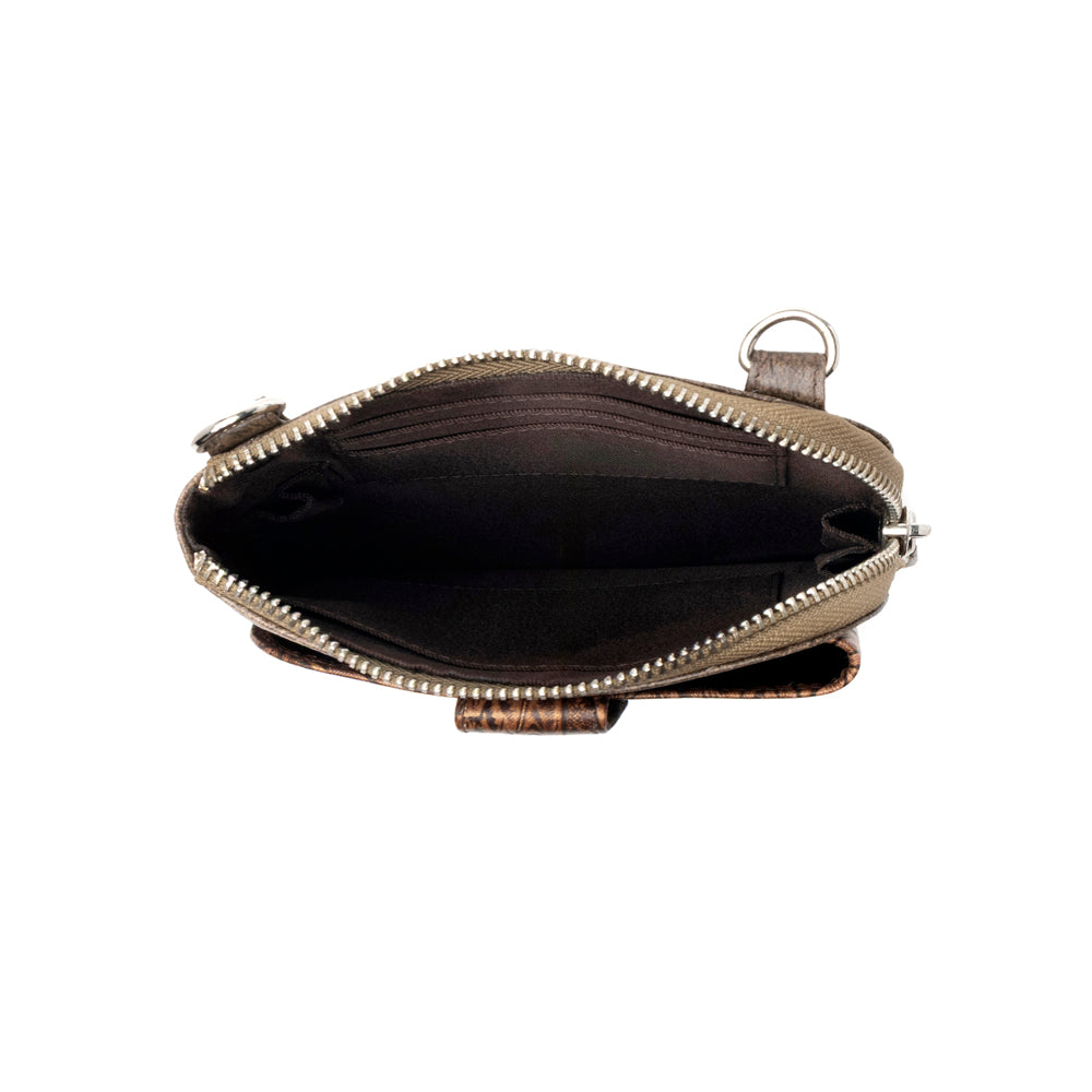Coyote Bloom Embossed mini sling for Women in walnut with floral detail