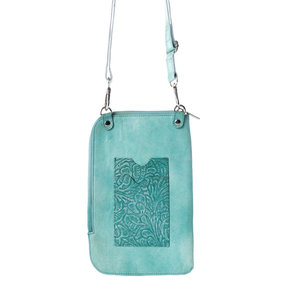 Coyote Bloom Embossed mini sling for Women in aqua with floral detail