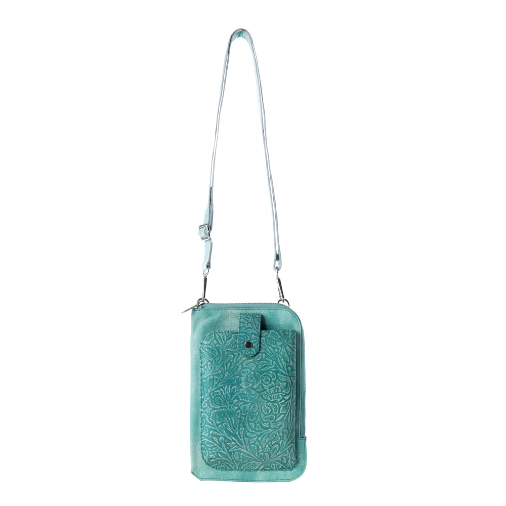 Coyote Bloom Embossed mini sling for Women in aqua with floral detail