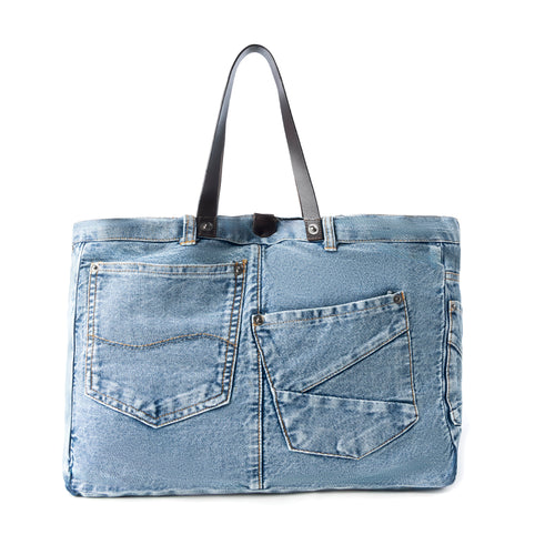 Billyjean Western denim Tote Bag for Women in denim blue with leather detail