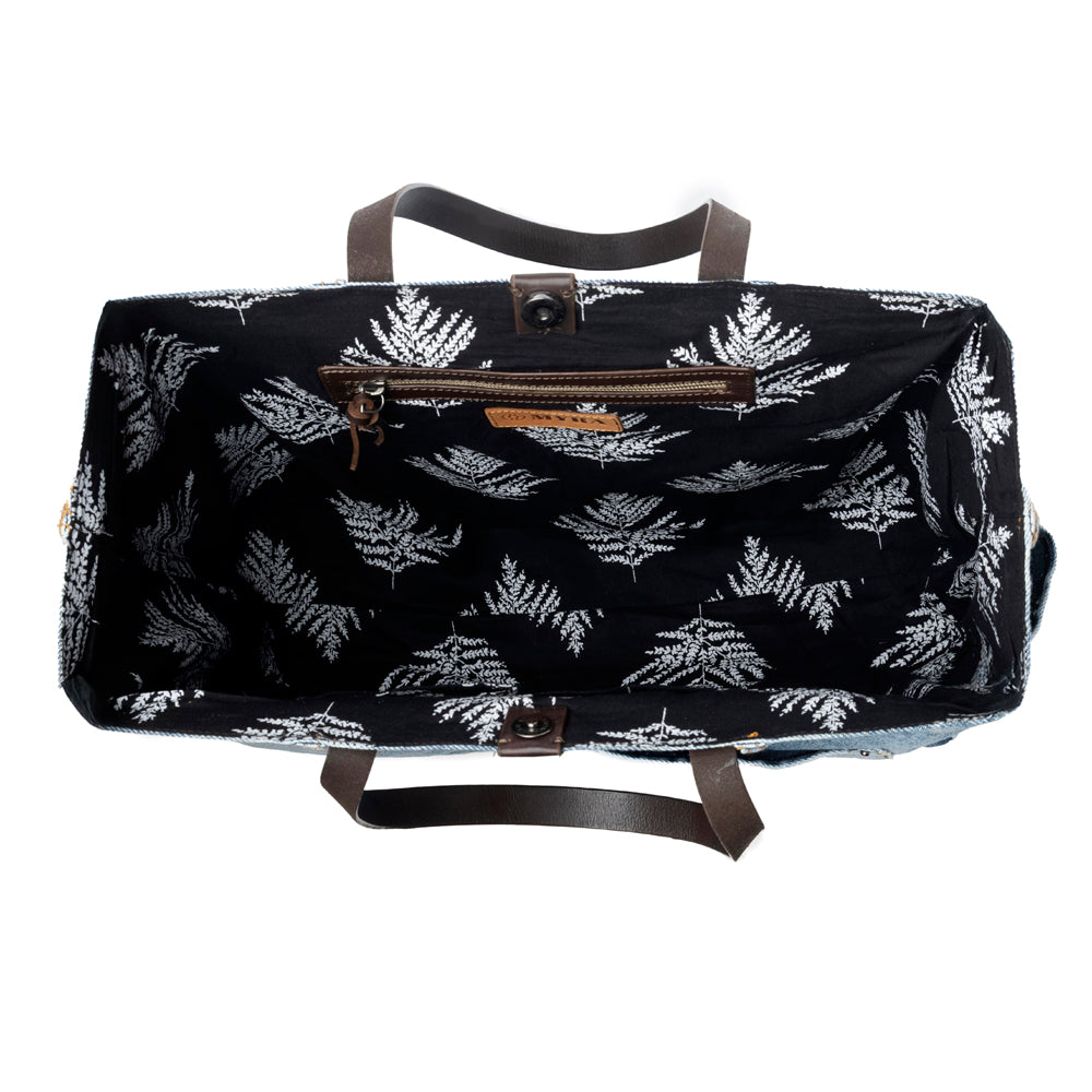 Billyjean Western denim Tote Bag for Women in denim blue with leather detail